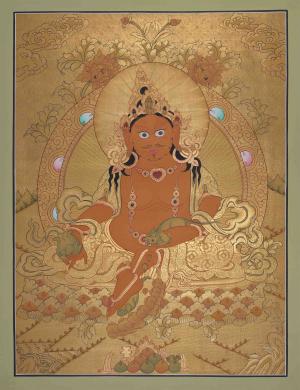 Full 24K Gold Yellow Dzambala Thangka | Wealth of God | Tibetan Thangka | Kubera Thangka Painting